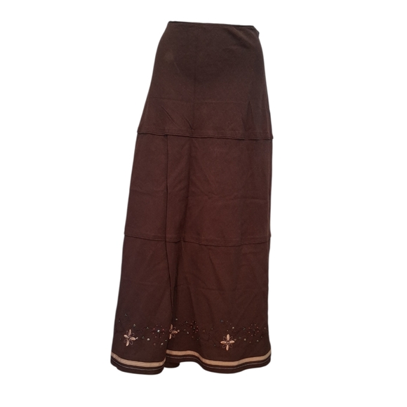 Jessica LINEN blend Chocolate Maxi Skirt with Embroidered Accents 5022 - Picture 2 of 7
